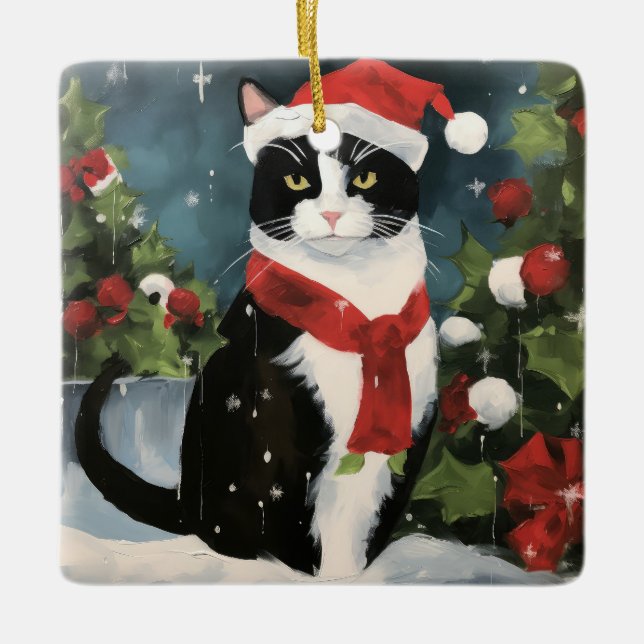 Tuxedo Cat i Snö jul Julgransprydnad Keramik (Framsida)