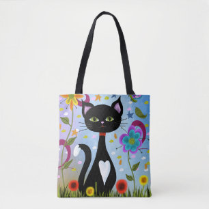 Tuxedo Cat in a Garden Abstrakt Art Tygkasse