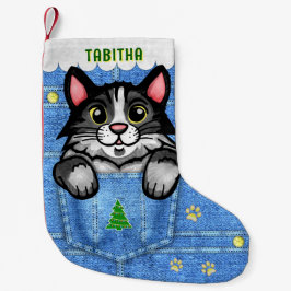 Tuxedo Cat in Faux Denim Pocket med eget namn Liten Julstrumpa
