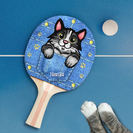 Tuxedo Cat in Faux Denim Pocket med eget namn Pingisracket