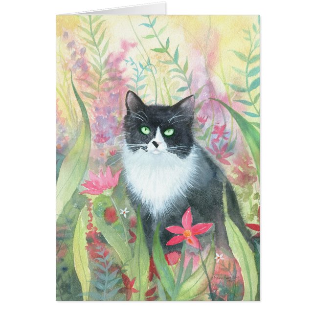 Tuxedo Cat in Garden Card Hälsningskort (Framsidan)