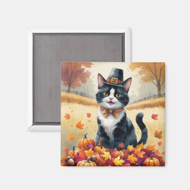 Tuxedo Cat in Höst löv Thanksgiving Art Magnet (Front/Back)