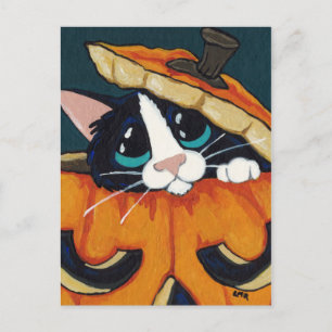 Tuxedo Cat in Pumpkin Halloween Postcard Vykort