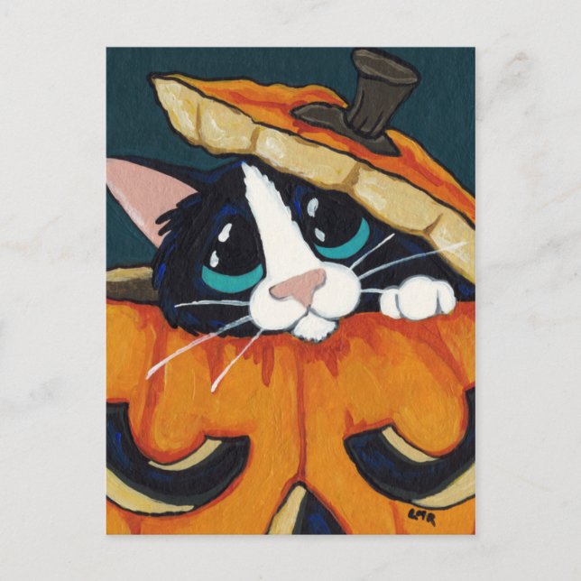 Tuxedo Cat in Pumpkin Halloween Postcard Vykort (Framsida)