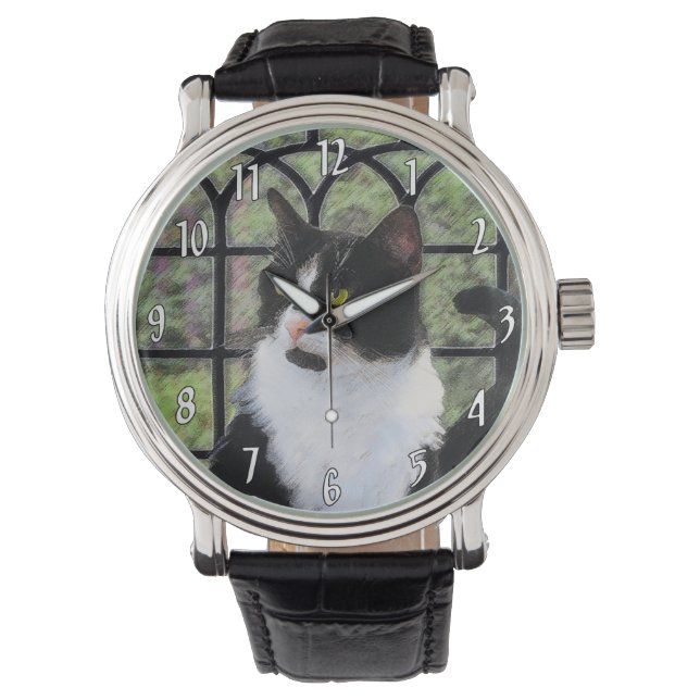 Tuxedo Cat in Window Painting Original Animal Art Armbandsur (Framsida)