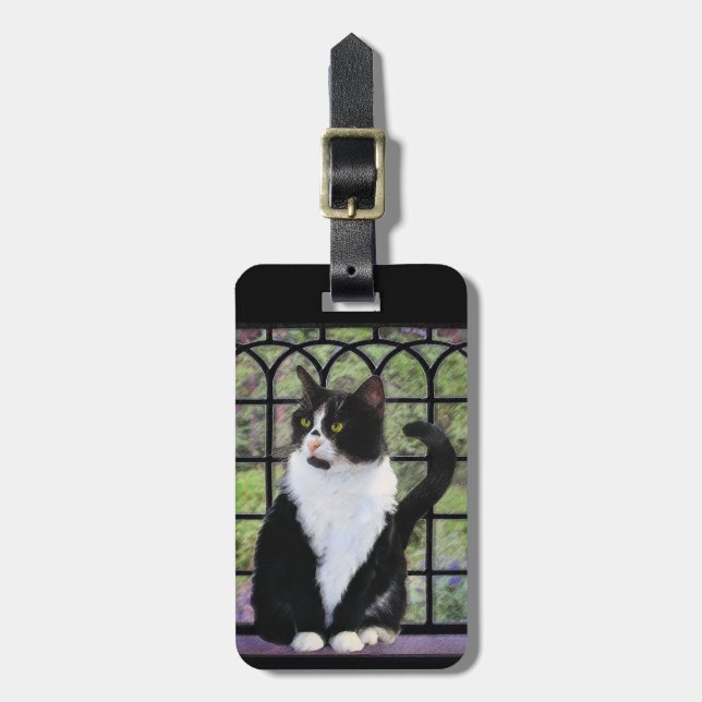 Tuxedo Cat in Window Painting Original Animal Art Bagagebricka (Vertikal Framsida)