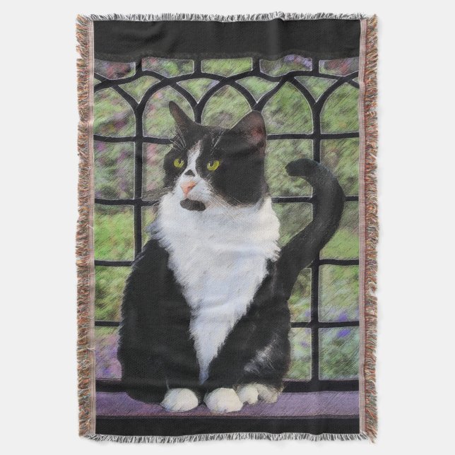 Tuxedo Cat in Window Painting Original Animal Art Filt (Framsidan Vertikal)