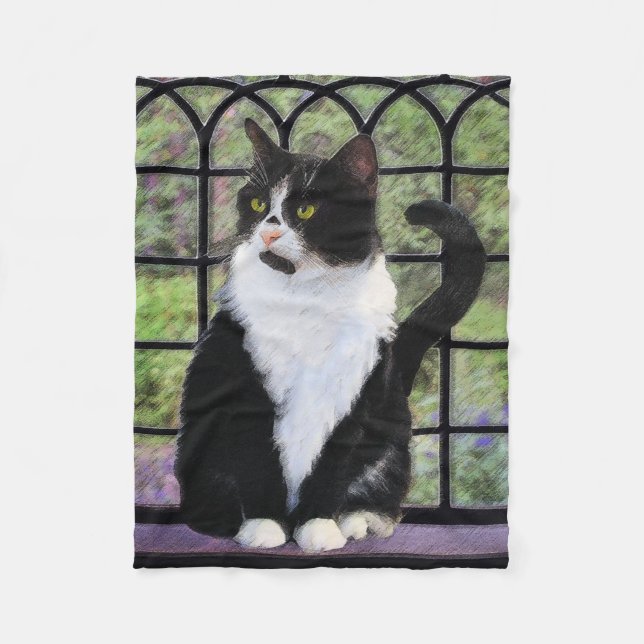Tuxedo Cat in Window Painting Original Animal Art Fleecefilt (Framsidan)