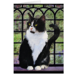 Tuxedo Cat in Window Painting Original Animal Art Hälsningskort