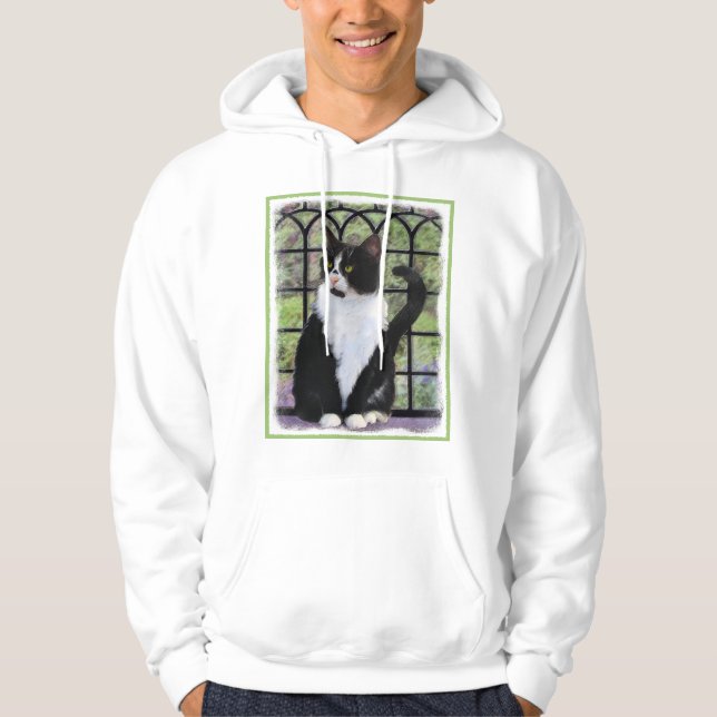 Tuxedo Cat in Window Painting Original Animal Art Hoodie (Framsida)