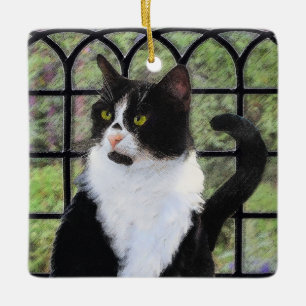 Tuxedo Cat in Window Painting Original Animal Art Julgransprydnad Keramik