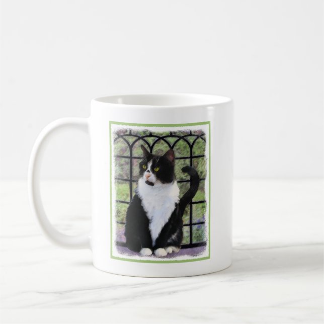 Tuxedo Cat in Window Painting Original Animal Art Kaffemugg (Vänster)
