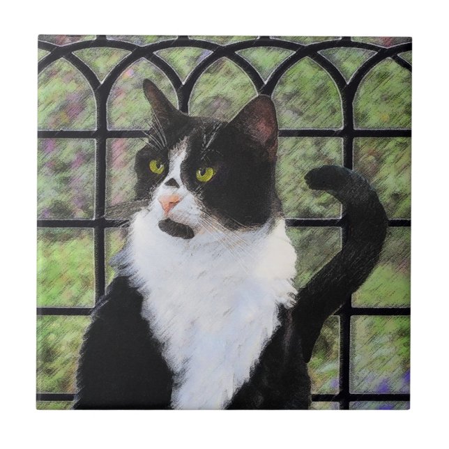 Tuxedo Cat in Window Painting Original Animal Art Kakelplatta (Framsidan)