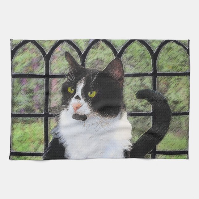 Tuxedo Cat in Window Painting Original Animal Art Kökshandduk (Horisontell)