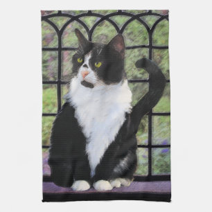 Tuxedo Cat in Window Painting Original Animal Art Kökshandduk