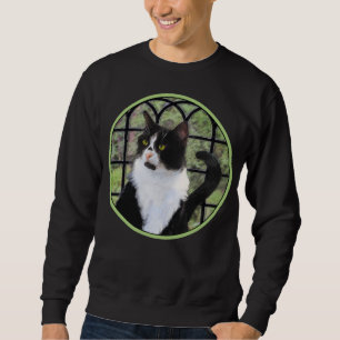Tuxedo Cat in Window Painting Original Animal Art Lång Ärmad Tröja