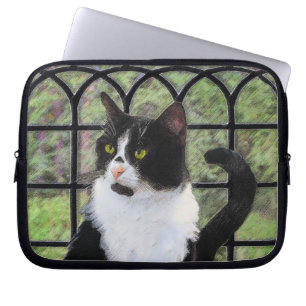 Tuxedo Cat in Window Painting Original Animal Art Laptop Fodral