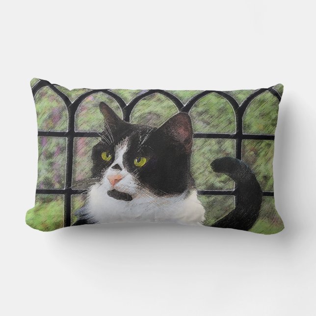 Tuxedo Cat in Window Painting Original Animal Art Lumbarkudde (Framsida)
