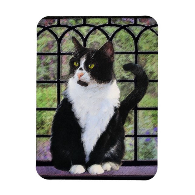 Tuxedo Cat in Window Painting Original Animal Art Magnet (Vertikal)