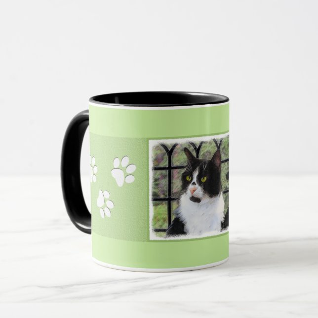 Tuxedo Cat in Window Painting Original Animal Art Mugg (Framsida vänster)