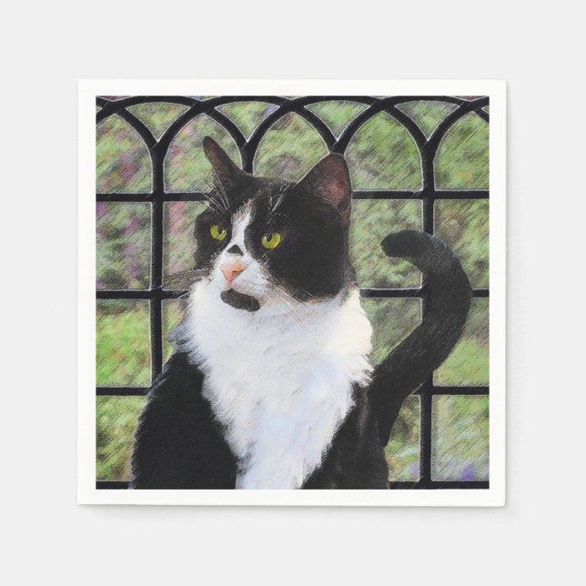 Tuxedo Cat in Window Painting Original Animal Art Pappersservett (Framsidan)