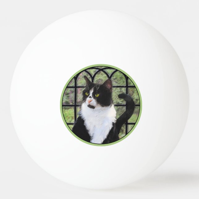 Tuxedo Cat in Window Painting Original Animal Art Pingisboll (Framsidan)