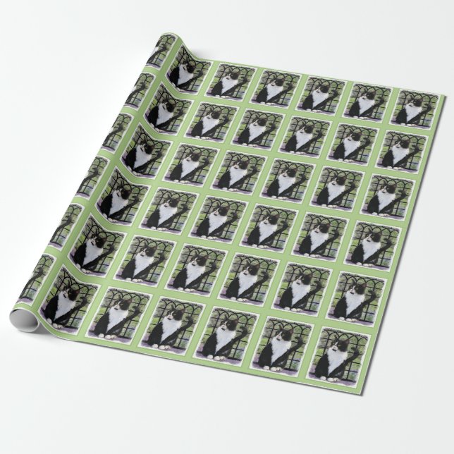 Tuxedo Cat in Window Painting Original Animal Art Presentpapper (Utrullad)
