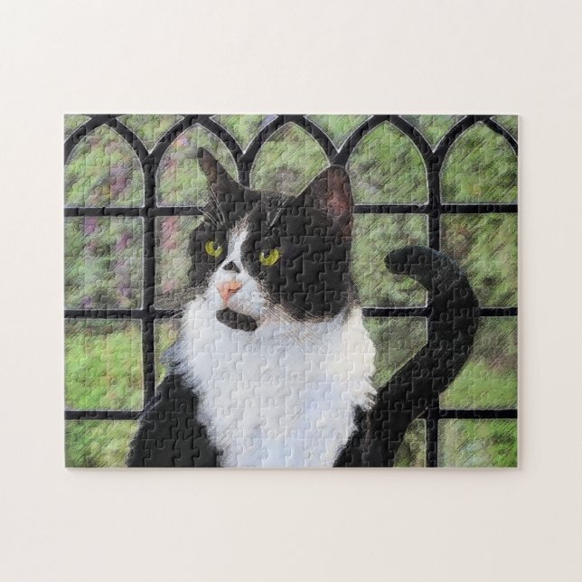 Tuxedo Cat in Window Painting Original Animal Art Pussel (Horisontell)