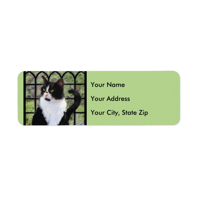 Tuxedo Cat in Window Painting Original Animal Art Returadress Etikett (Framsidan)