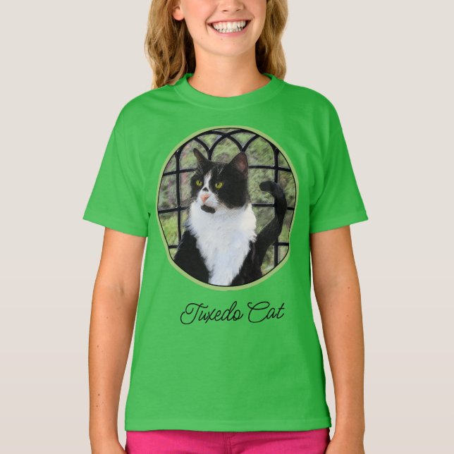 Tuxedo Cat in Window Painting Original Animal Art T Shirt (Framsida)