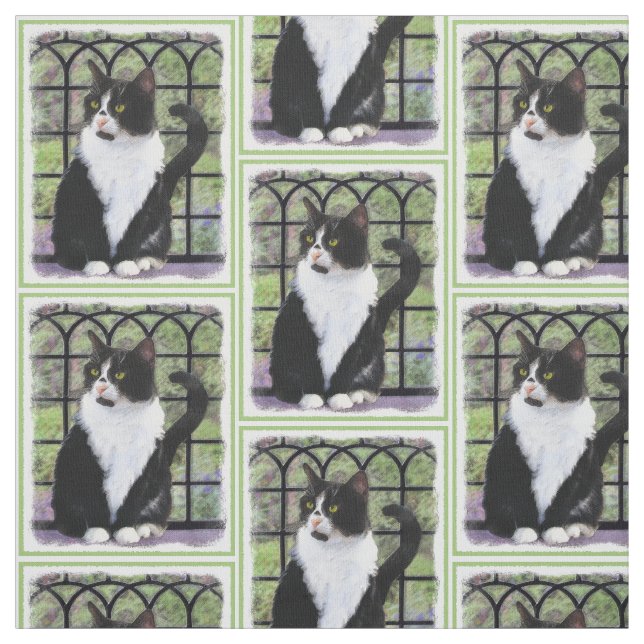Tuxedo Cat in Window Painting Original Animal Art Tyg (Provkarta)