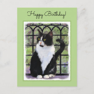 Tuxedo Cat in Window Painting Original Animal Art Vykort