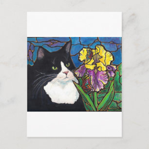 Tuxedo Cat Iris Flower Butterfly Stached Glass Vykort