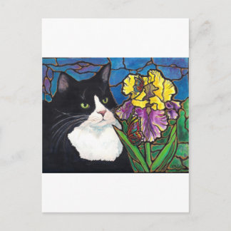 Tuxedo Cat Iris Flower Butterfly Stached Glass Vykort