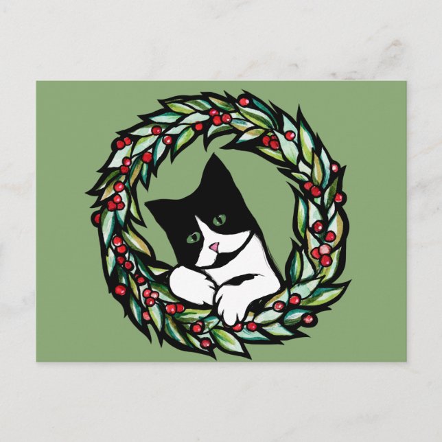 Tuxedo Cat Jul Yule Helgdag Cats Catmas Art Vykort (Framsida)