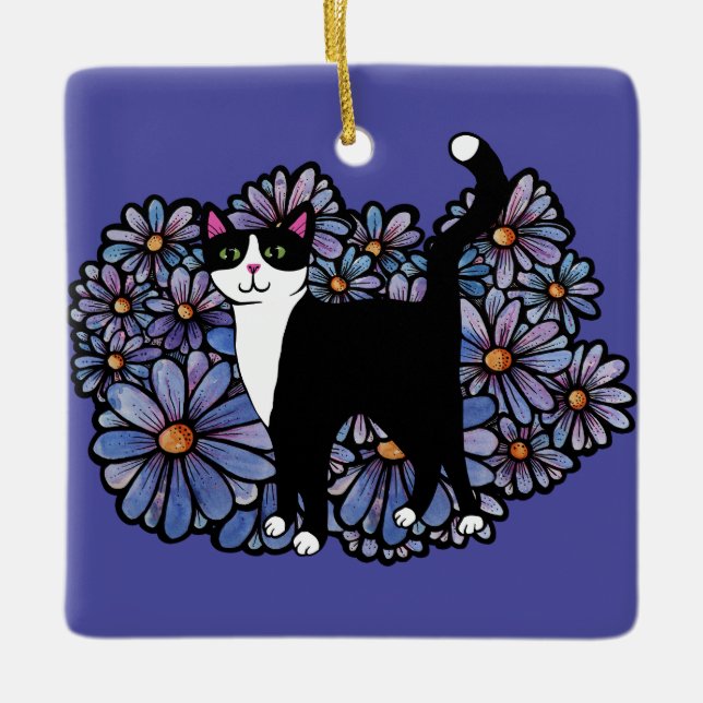 Tuxedo Cat Lila Daisy Art Julgransprydnad Keramik (Framsida)