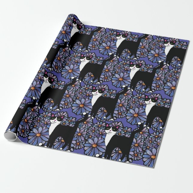 Tuxedo Cat Lila Daisy Art Presentpapper (Utrullad)