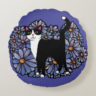 Tuxedo Cat Lila Daisy Art Rund Kudde