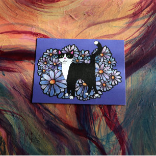 Tuxedo Cat Lila Daisy Art Vykort