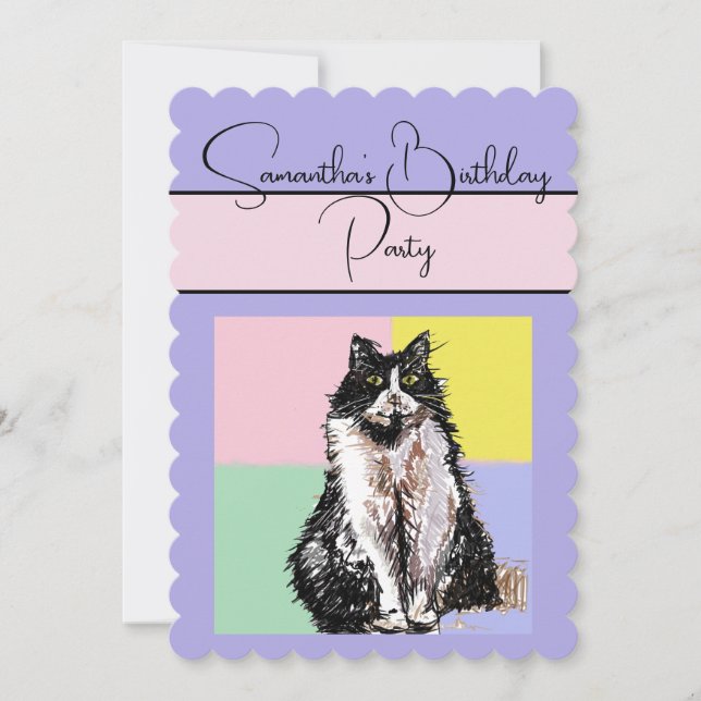 Tuxedo Cat Lila Födelsedagsfest inbjudan (Framsida)
