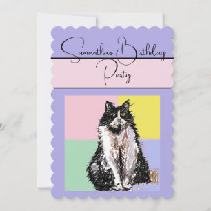 Tuxedo Cat Lila Födelsedagsfest inbjudan