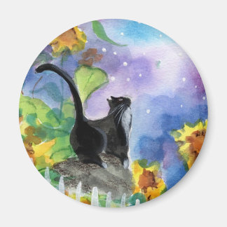 Tuxedo Cat Måne i solblommor Magnet