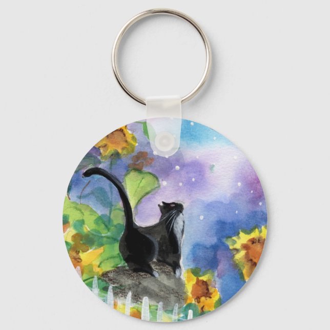 Tuxedo Cat Måne i solblommor Nyckelring (Framsida)
