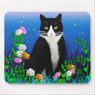 Tuxedo Cat med blommor Mousepad Musmatta