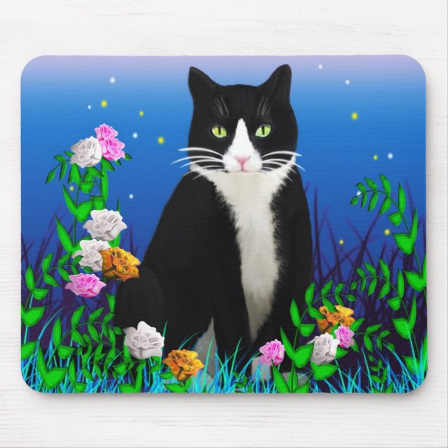 Tuxedo Cat med blommor Mousepad Musmatta (Framsidan)