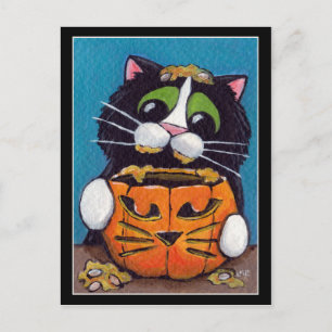 Tuxedo Cat med Halloween Pumpkin Vykort