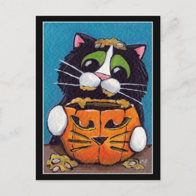 Tuxedo Cat med Halloween Pumpkin Vykort (Framsida)