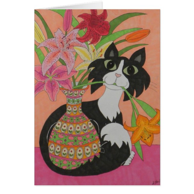 Tuxedo Cat med Lilies Hälsningskort (Framsidan)