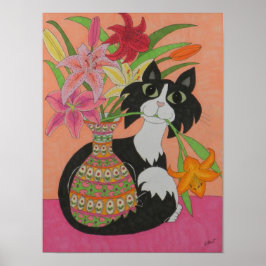 Tuxedo Cat med Lilies Poster