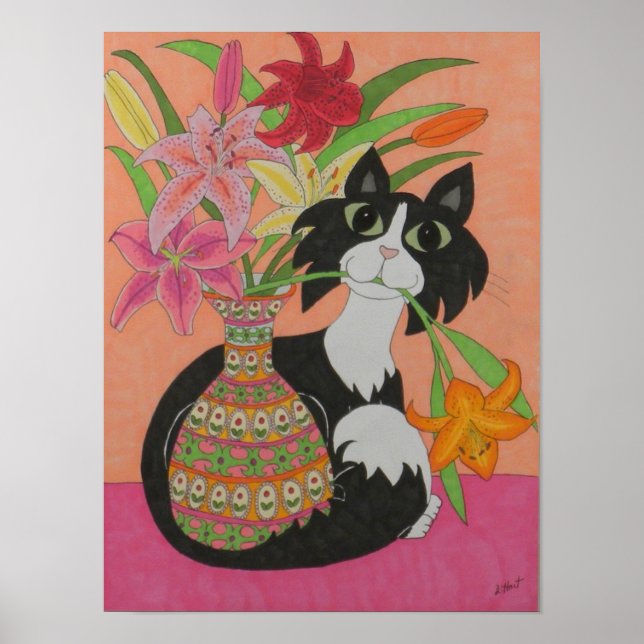 Tuxedo Cat med Lilies Poster (Framsidan)